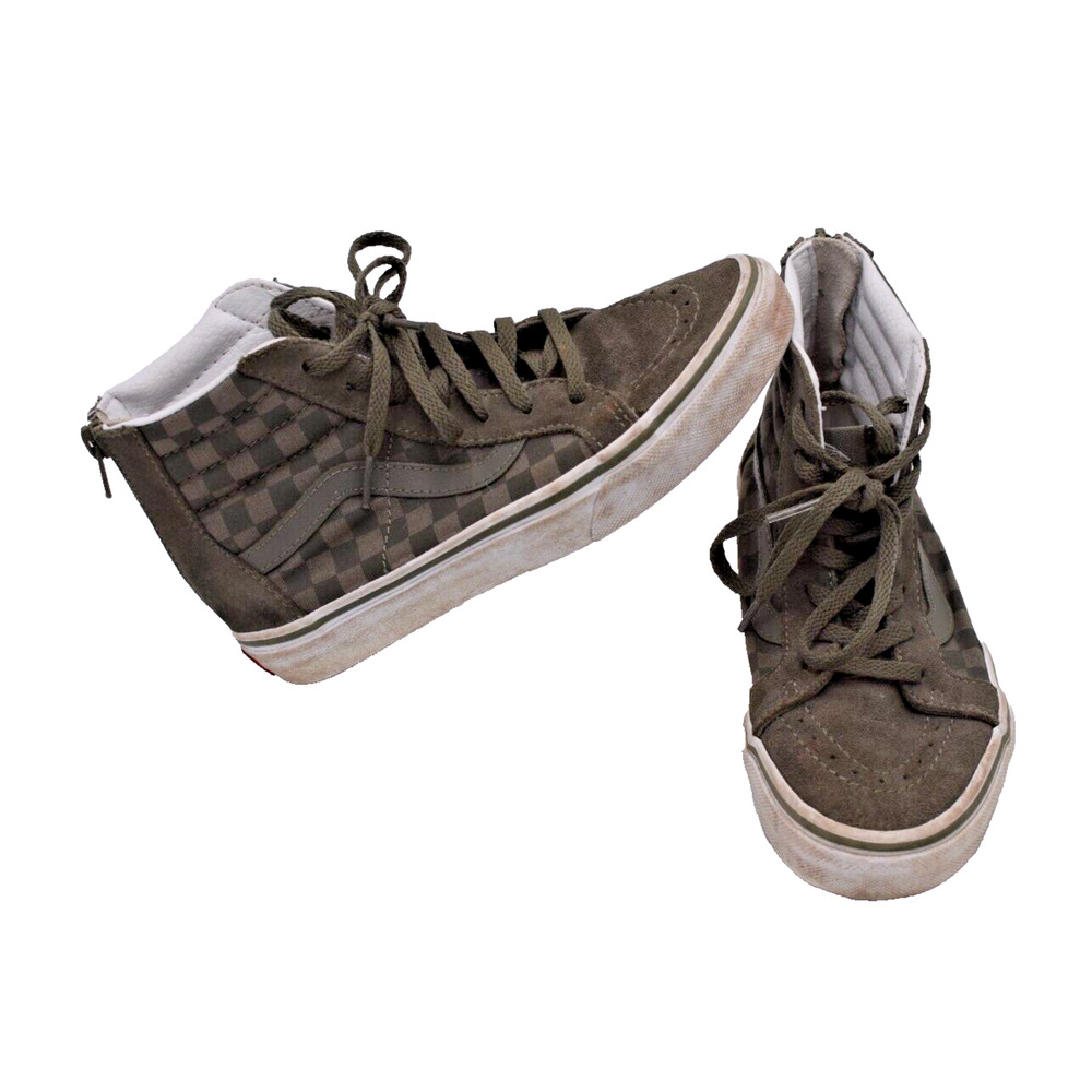 VANS Hi Top Zip Back Skateboard Shoes Olive Green Checkerboard Suede Boys Kids 3